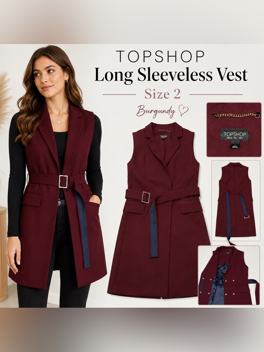 Topshop Burgundy Long Sleeveless Belted Vest – Size 2